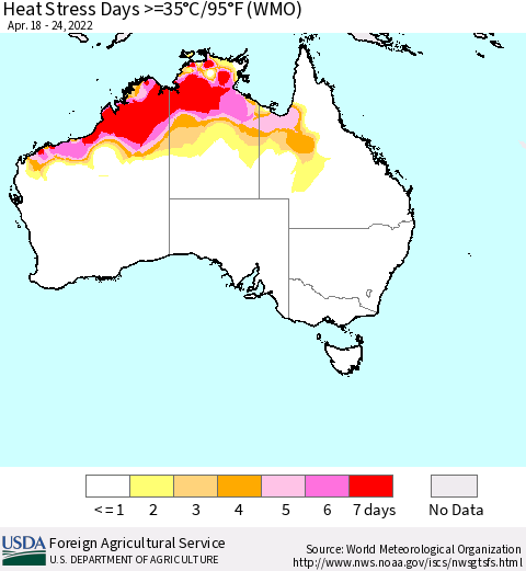 Australia Heat Stress Days >=35°C/95°F (WMO) Thematic Map For 4/18/2022 - 4/24/2022
