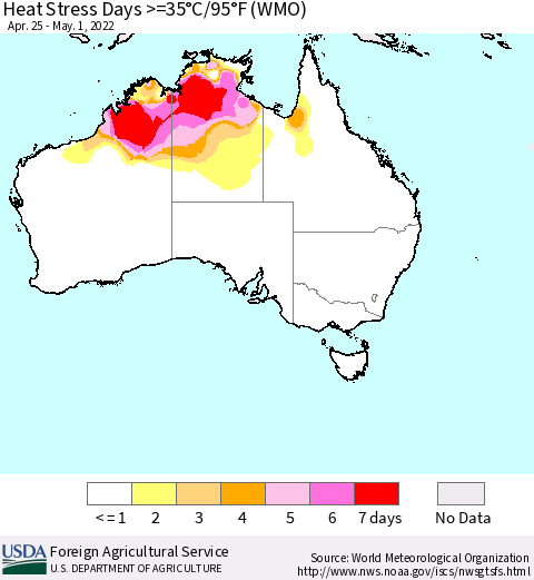 Australia Heat Stress Days >=35°C/95°F (WMO) Thematic Map For 4/25/2022 - 5/1/2022