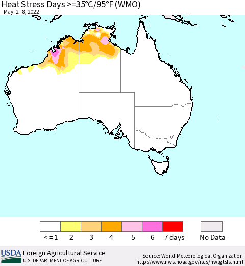 Australia Heat Stress Days >=35°C/95°F (WMO) Thematic Map For 5/2/2022 - 5/8/2022