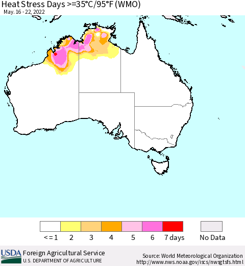 Australia Heat Stress Days >=35°C/95°F (WMO) Thematic Map For 5/16/2022 - 5/22/2022