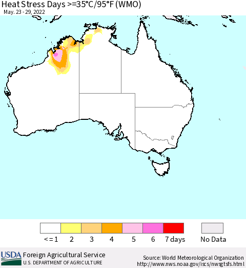 Australia Heat Stress Days >=35°C/95°F (WMO) Thematic Map For 5/23/2022 - 5/29/2022