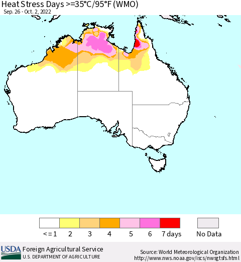 Australia Heat Stress Days >=35°C/95°F (WMO) Thematic Map For 9/26/2022 - 10/2/2022
