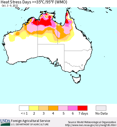 Australia Heat Stress Days >=35°C/95°F (WMO) Thematic Map For 10/3/2022 - 10/9/2022