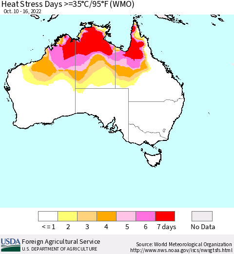 Australia Heat Stress Days >=35°C/95°F (WMO) Thematic Map For 10/10/2022 - 10/16/2022