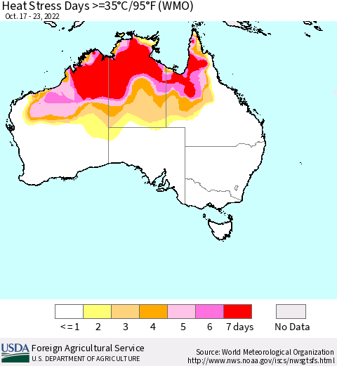 Australia Heat Stress Days >=35°C/95°F (WMO) Thematic Map For 10/17/2022 - 10/23/2022
