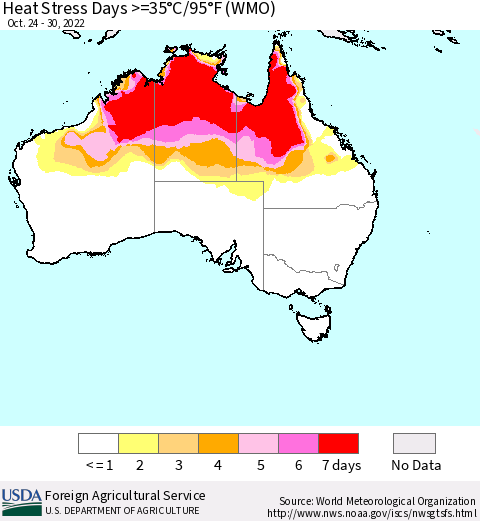 Australia Heat Stress Days >=35°C/95°F (WMO) Thematic Map For 10/24/2022 - 10/30/2022