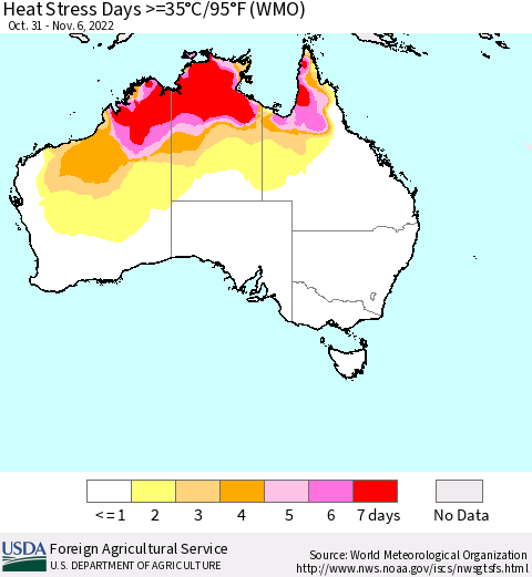 Australia Heat Stress Days >=35°C/95°F (WMO) Thematic Map For 10/31/2022 - 11/6/2022