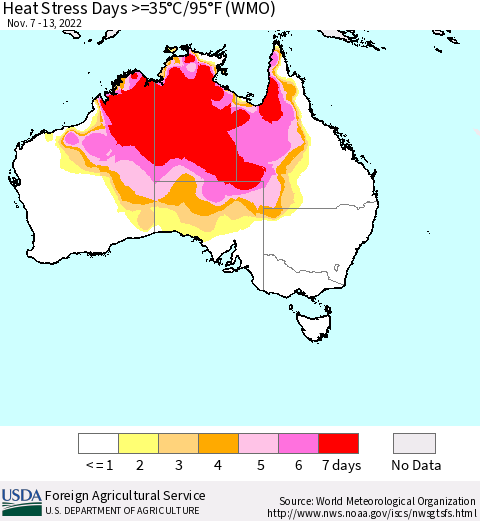 Australia Heat Stress Days >=35°C/95°F (WMO) Thematic Map For 11/7/2022 - 11/13/2022