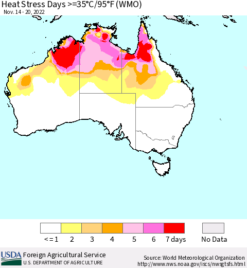Australia Heat Stress Days >=35°C/95°F (WMO) Thematic Map For 11/14/2022 - 11/20/2022