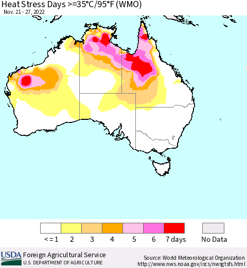 Australia Heat Stress Days >=35°C/95°F (WMO) Thematic Map For 11/21/2022 - 11/27/2022