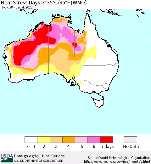 Australia Heat Stress Days >=35°C/95°F (WMO) Thematic Map For 11/28/2022 - 12/4/2022