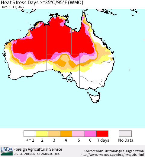 Australia Heat Stress Days >=35°C/95°F (WMO) Thematic Map For 12/5/2022 - 12/11/2022
