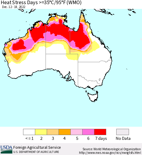 Australia Heat Stress Days >=35°C/95°F (WMO) Thematic Map For 12/12/2022 - 12/18/2022