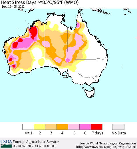 Australia Heat Stress Days >=35°C/95°F (WMO) Thematic Map For 12/19/2022 - 12/25/2022