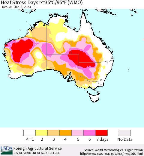Australia Heat Stress Days >=35°C/95°F (WMO) Thematic Map For 12/26/2022 - 1/1/2023