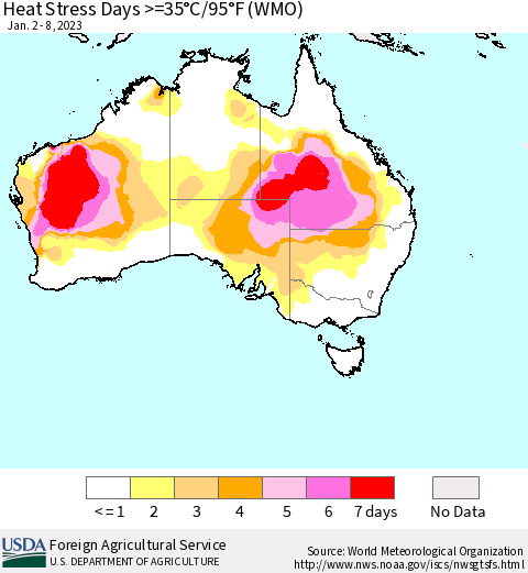 Australia Heat Stress Days >=35°C/95°F (WMO) Thematic Map For 1/2/2023 - 1/8/2023
