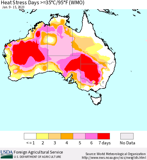 Australia Heat Stress Days >=35°C/95°F (WMO) Thematic Map For 1/9/2023 - 1/15/2023