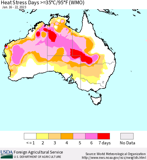 Australia Heat Stress Days >=35°C/95°F (WMO) Thematic Map For 1/16/2023 - 1/22/2023