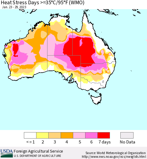 Australia Heat Stress Days >=35°C/95°F (WMO) Thematic Map For 1/23/2023 - 1/29/2023