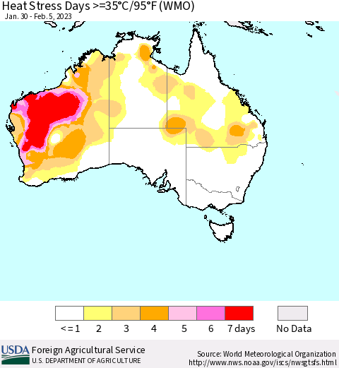 Australia Heat Stress Days >=35°C/95°F (WMO) Thematic Map For 1/30/2023 - 2/5/2023