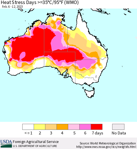 Australia Heat Stress Days >=35°C/95°F (WMO) Thematic Map For 2/6/2023 - 2/12/2023