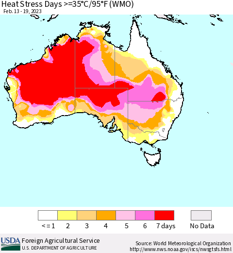 Australia Heat Stress Days >=35°C/95°F (WMO) Thematic Map For 2/13/2023 - 2/19/2023