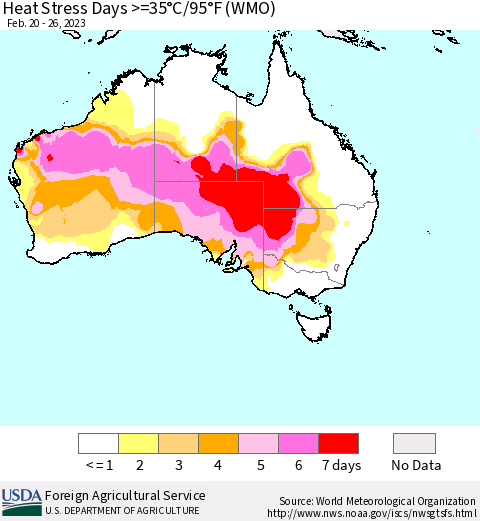 Australia Heat Stress Days >=35°C/95°F (WMO) Thematic Map For 2/20/2023 - 2/26/2023