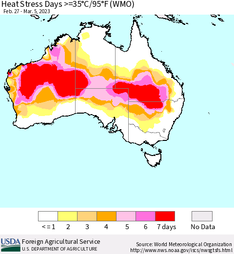 Australia Heat Stress Days >=35°C/95°F (WMO) Thematic Map For 2/27/2023 - 3/5/2023