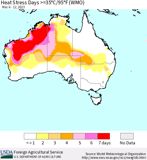 Australia Heat Stress Days >=35°C/95°F (WMO) Thematic Map For 3/6/2023 - 3/12/2023
