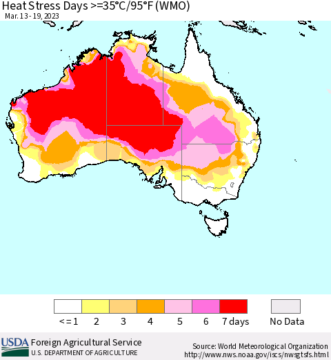 Australia Heat Stress Days >=35°C/95°F (WMO) Thematic Map For 3/13/2023 - 3/19/2023