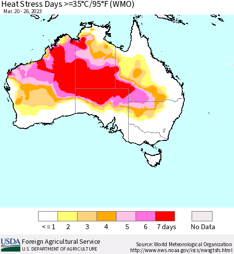 Australia Heat Stress Days >=35°C/95°F (WMO) Thematic Map For 3/20/2023 - 3/26/2023