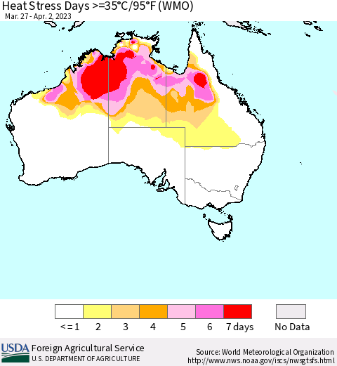 Australia Heat Stress Days >=35°C/95°F (WMO) Thematic Map For 3/27/2023 - 4/2/2023
