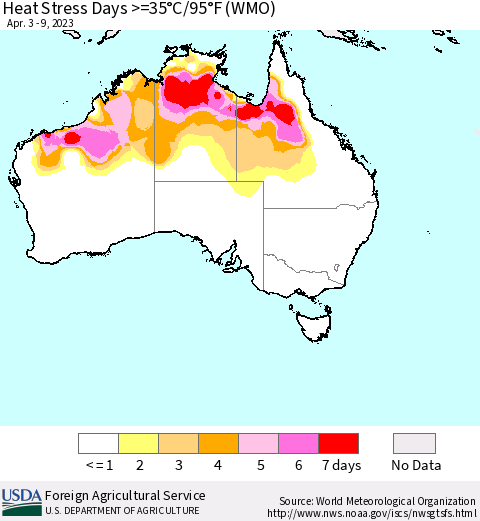 Australia Heat Stress Days >=35°C/95°F (WMO) Thematic Map For 4/3/2023 - 4/9/2023