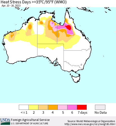 Australia Heat Stress Days >=35°C/95°F (WMO) Thematic Map For 4/10/2023 - 4/16/2023