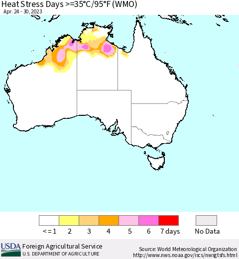 Australia Heat Stress Days >=35°C/95°F (WMO) Thematic Map For 4/24/2023 - 4/30/2023