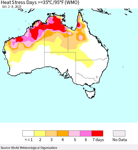 Australia Heat Stress Days >=35°C/95°F (WMO) Thematic Map For 10/2/2023 - 10/8/2023