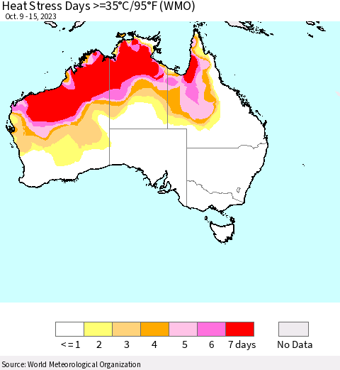 Australia Heat Stress Days >=35°C/95°F (WMO) Thematic Map For 10/9/2023 - 10/15/2023