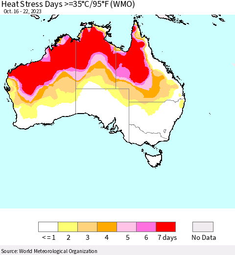 Australia Heat Stress Days >=35°C/95°F (WMO) Thematic Map For 10/16/2023 - 10/22/2023