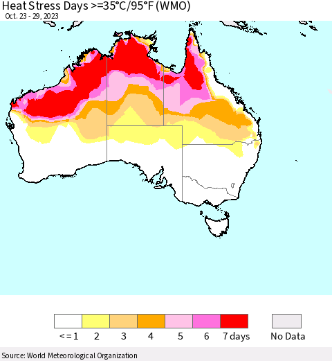 Australia Heat Stress Days >=35°C/95°F (WMO) Thematic Map For 10/23/2023 - 10/29/2023
