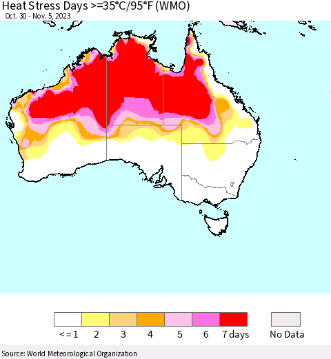 Australia Heat Stress Days >=35°C/95°F (WMO) Thematic Map For 10/30/2023 - 11/5/2023