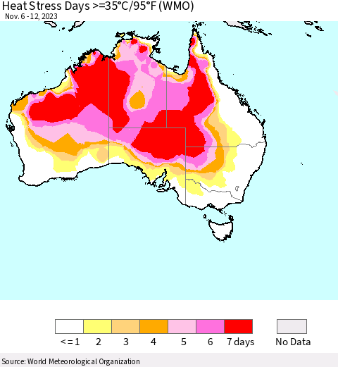 Australia Heat Stress Days >=35°C/95°F (WMO) Thematic Map For 11/6/2023 - 11/12/2023