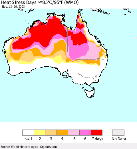 Australia Heat Stress Days >=35°C/95°F (WMO) Thematic Map For 11/13/2023 - 11/19/2023