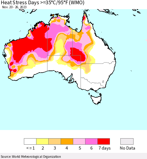Australia Heat Stress Days >=35°C/95°F (WMO) Thematic Map For 11/20/2023 - 11/26/2023
