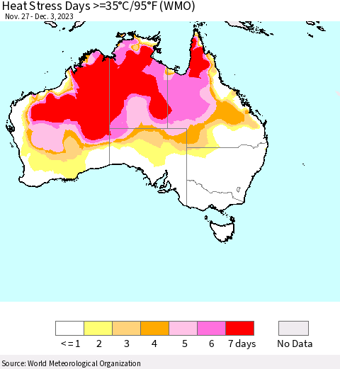 Australia Heat Stress Days >=35°C/95°F (WMO) Thematic Map For 11/27/2023 - 12/3/2023