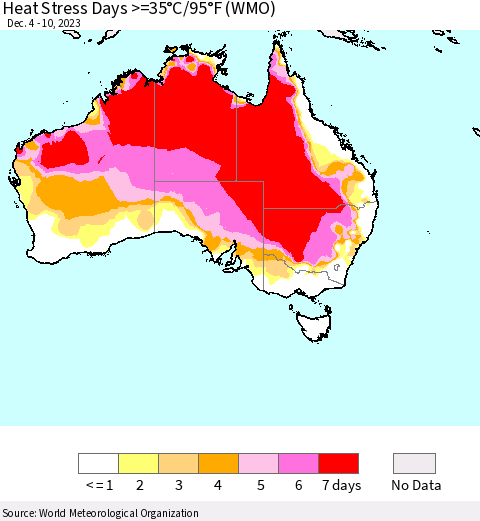 Australia Heat Stress Days >=35°C/95°F (WMO) Thematic Map For 12/4/2023 - 12/10/2023