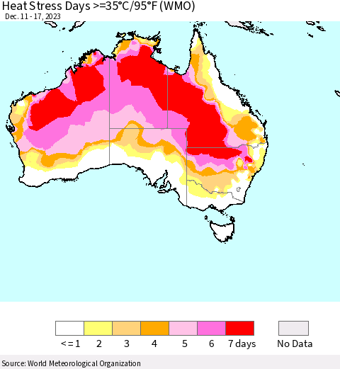 Australia Heat Stress Days >=35°C/95°F (WMO) Thematic Map For 12/11/2023 - 12/17/2023