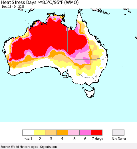 Australia Heat Stress Days >=35°C/95°F (WMO) Thematic Map For 12/18/2023 - 12/24/2023