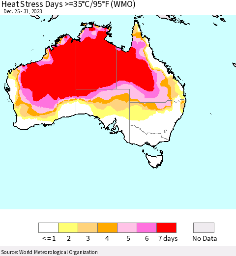 Australia Heat Stress Days >=35°C/95°F (WMO) Thematic Map For 12/25/2023 - 12/31/2023