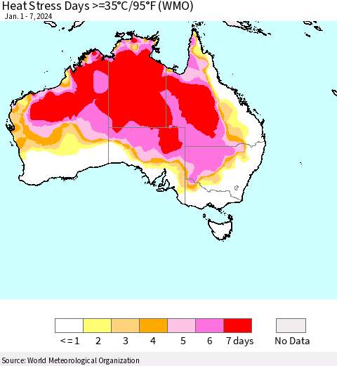 Australia Heat Stress Days >=35°C/95°F (WMO) Thematic Map For 1/1/2024 - 1/7/2024