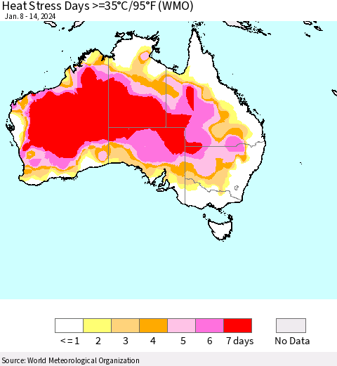 Australia Heat Stress Days >=35°C/95°F (WMO) Thematic Map For 1/8/2024 - 1/14/2024